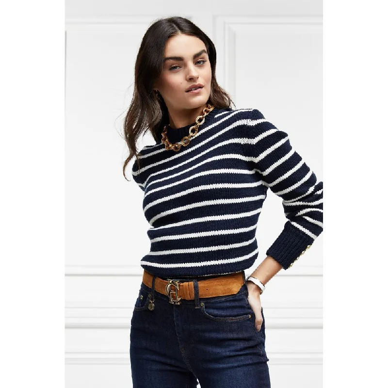 Holland Cooper Henley Striped Ladies Crew Jumper - Ink Navy/Natural Anti-Pilling Anti-Shrink Durable