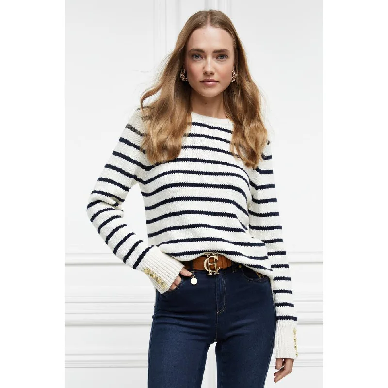 Holland Cooper Henley Striped Ladies Crew Jumper - Natural/Ink Navy Nylon Fabric Polyester Fabric Spandex Fabric Holland Cooper Henley Striped Ladies Crew Jumper - Natural/Ink Navy Nylon Fabric Polyester Fabric Spandex Fabric