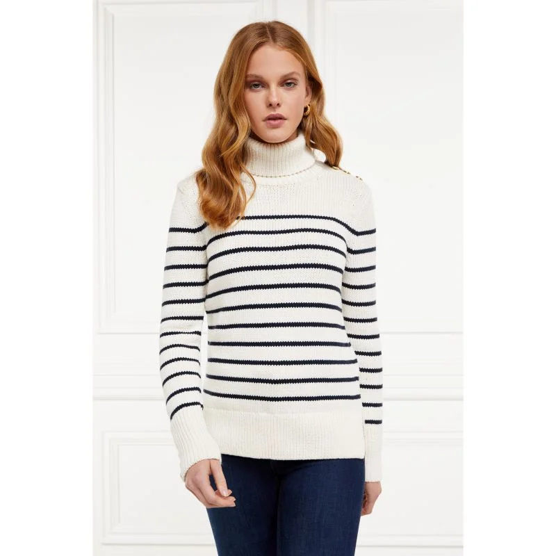 Holland Cooper Henley Striped Ladies Roll Neck Jumper - Natural/Ink Navy Fitted Slim Tailored