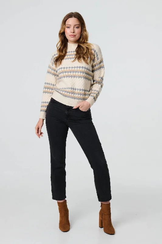 Textured Stripe Print High Neck Jumper Mesh Blend Leather Blend Suede Blend