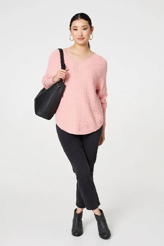 Textured V-Neck Relaxed Curve Hem Jumper Sequined Glittery Shiny