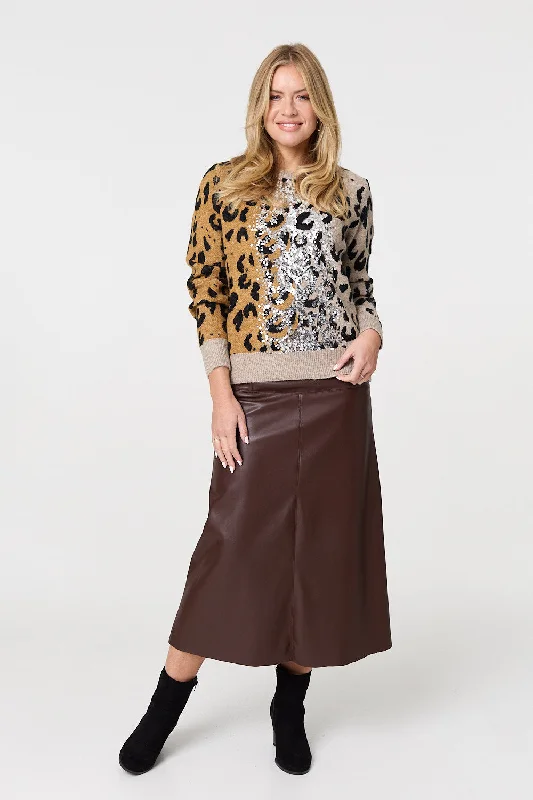 Animal Print Sequin Detail Jumper Collared Crew Neck Turtle Neck