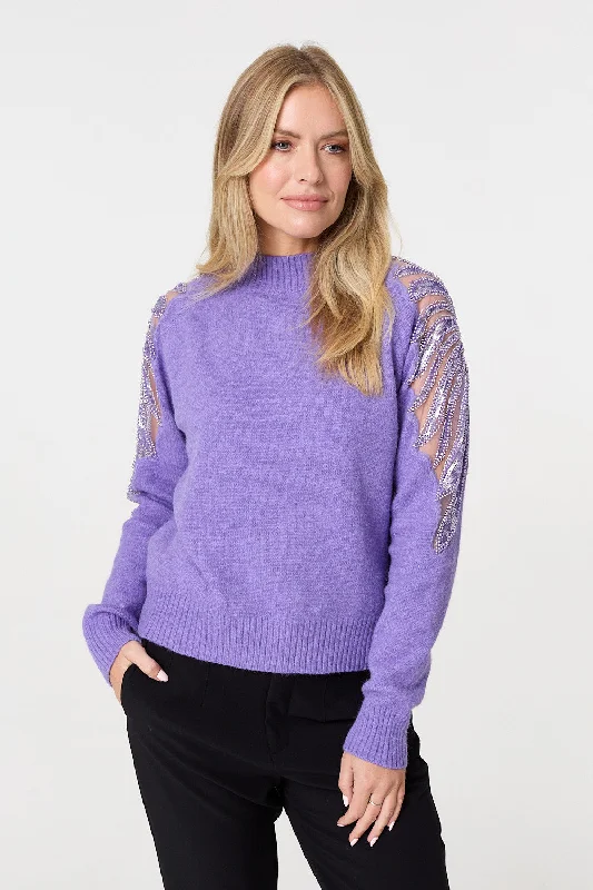 Sequin Detail High Neck Relaxed Jumper Polka Dot Checkered Tartan