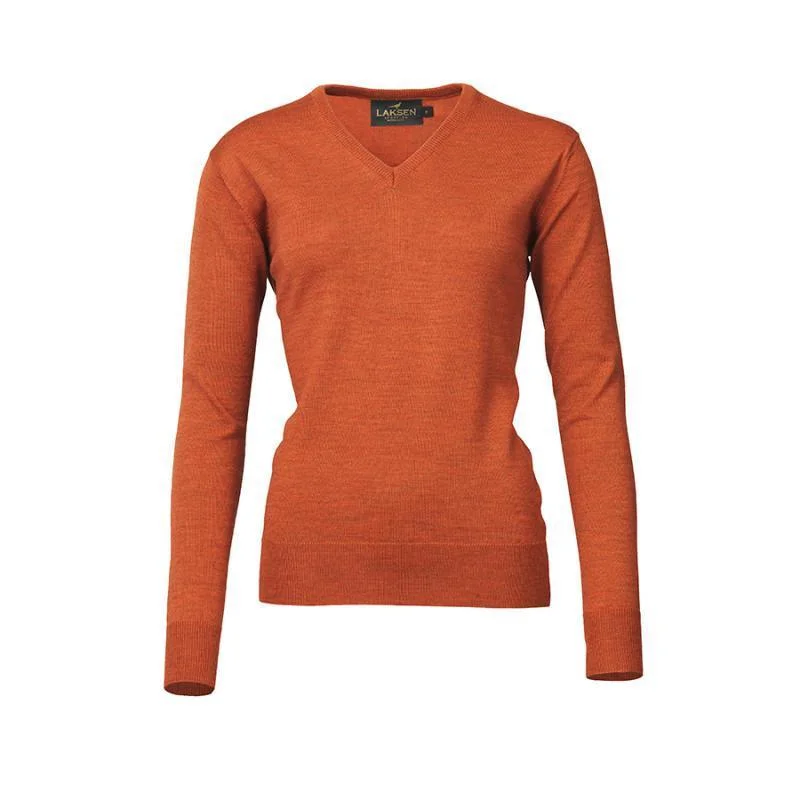 Laksen Carnaby V-Neck Merino Ladies Jumper - Spice Print Jacquard Patchwork