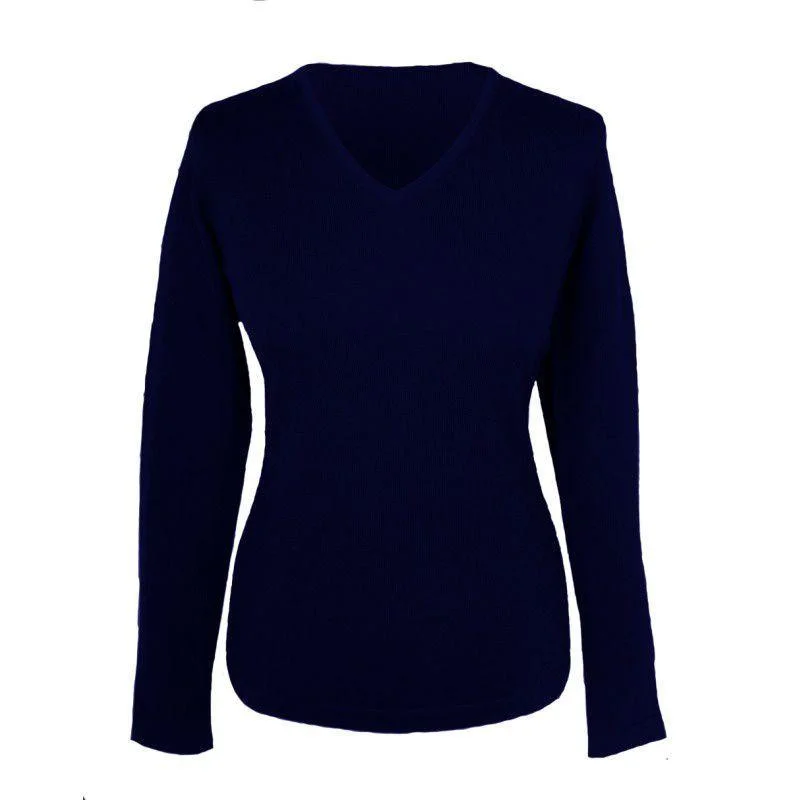 William Powell Ladies Merino V Neck Jumper - Dark Navy Bright Pastel Dark