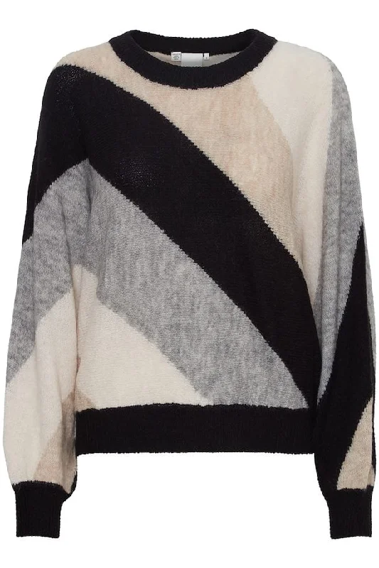Women's ICHI IHKAMARA Black Striped Jumper Satin Blend Silk Blend Wool Blend