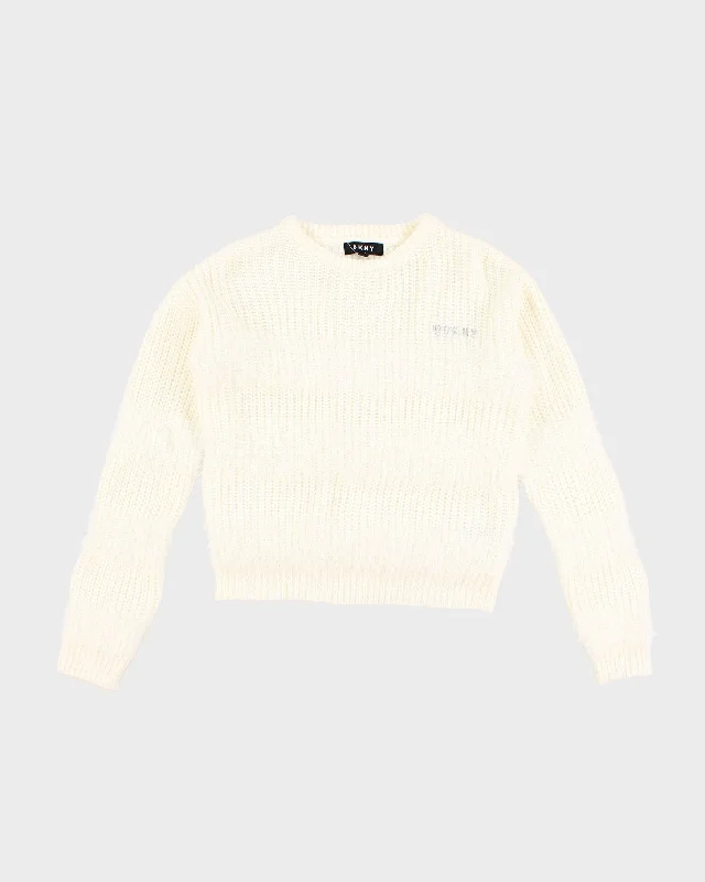 Womens White DKNY Fuzzy Jumper - L Zippered Buttoned Snapped