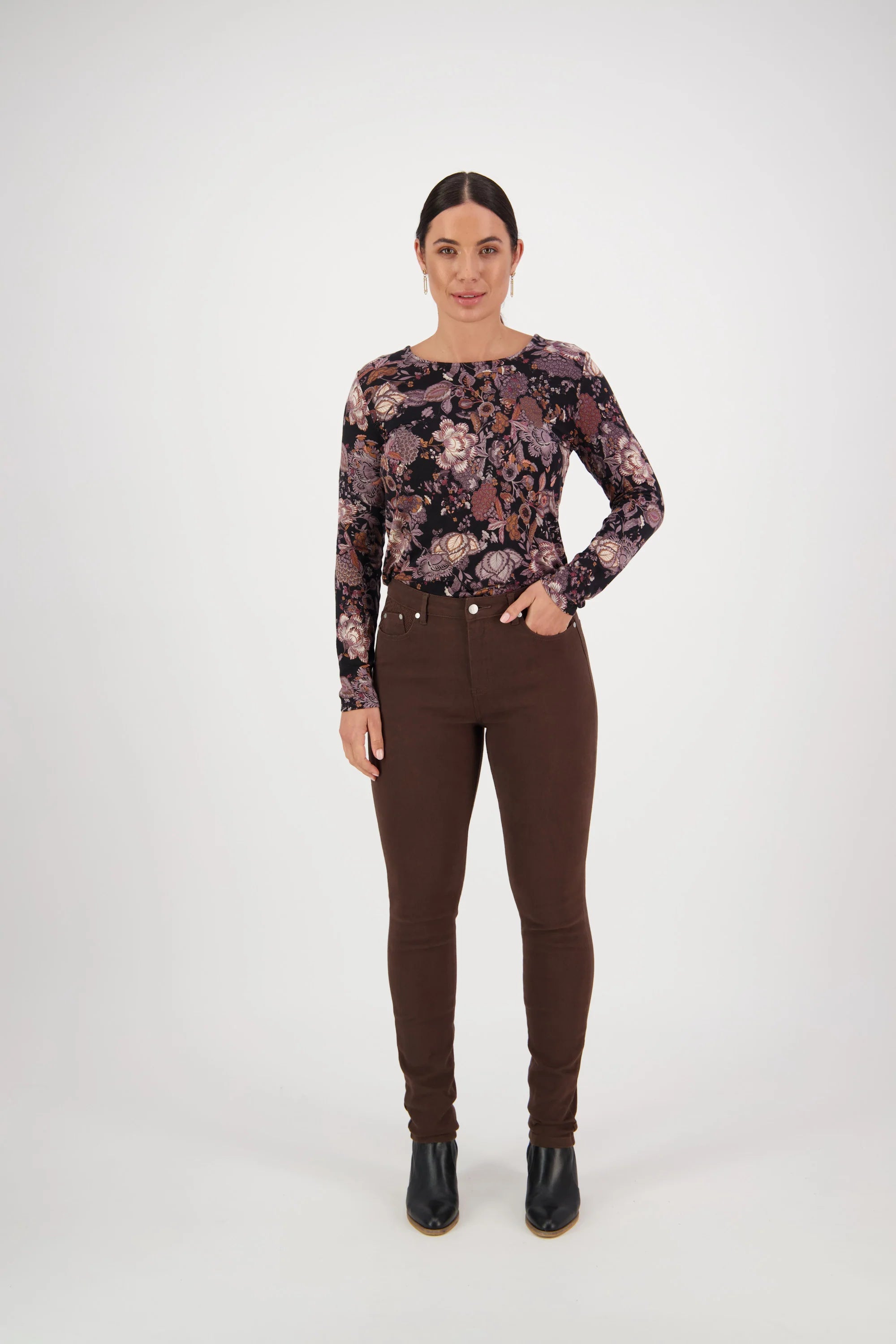 5535 Chocolate - Skinny Leg Full Length Basket Weave Jean Trendy Skinny Fit Jeans