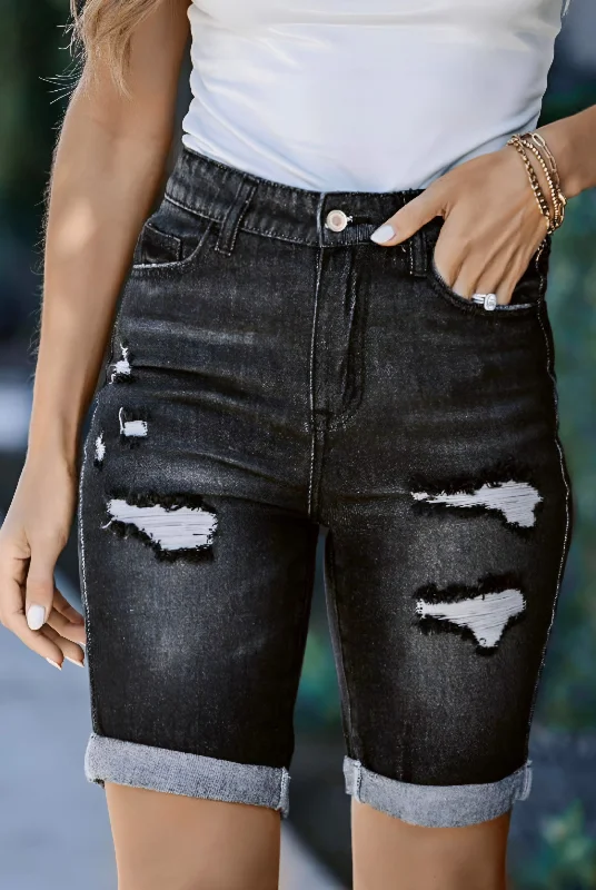 Black Bermuda Jean Shorts Fashionable Straight Cut Jeans