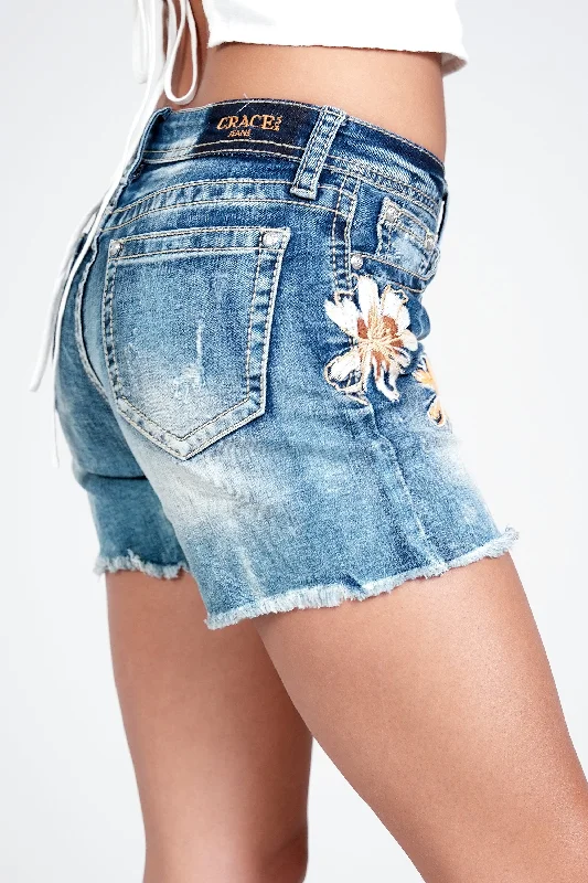 BOHO Floral Embroidery Detail Mid Rise Jean Shorts Comfortable Boyfriend Jeans