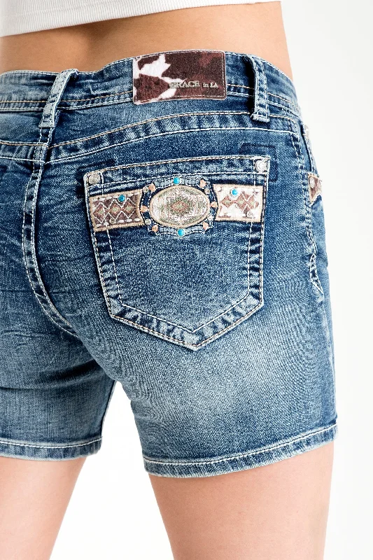 Buckle/ Aztec Details Mid Rise Jean Shorts Stylish Relaxed Fit Skinny Jeans