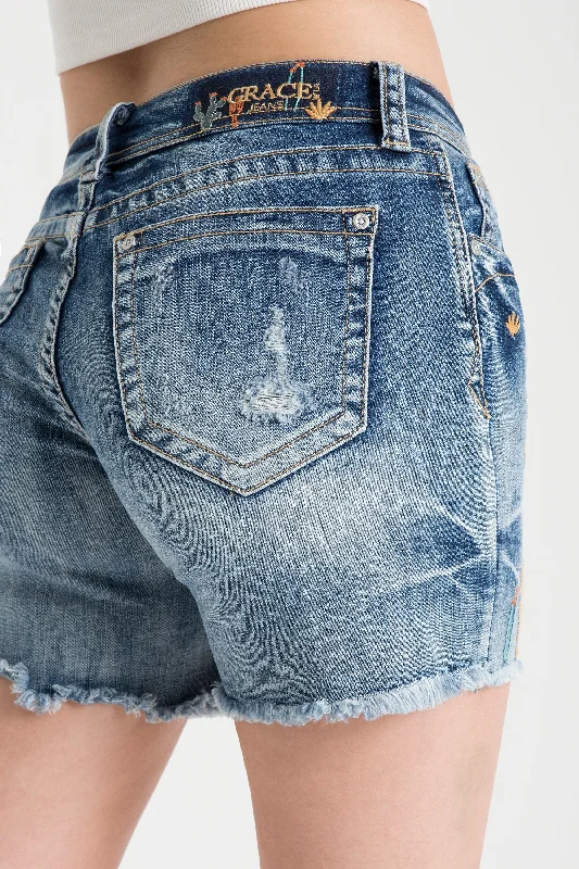 Cactus Embroidered Mid Rise Jean Shorts Fashionable Raw Hem Bootcut Jeans