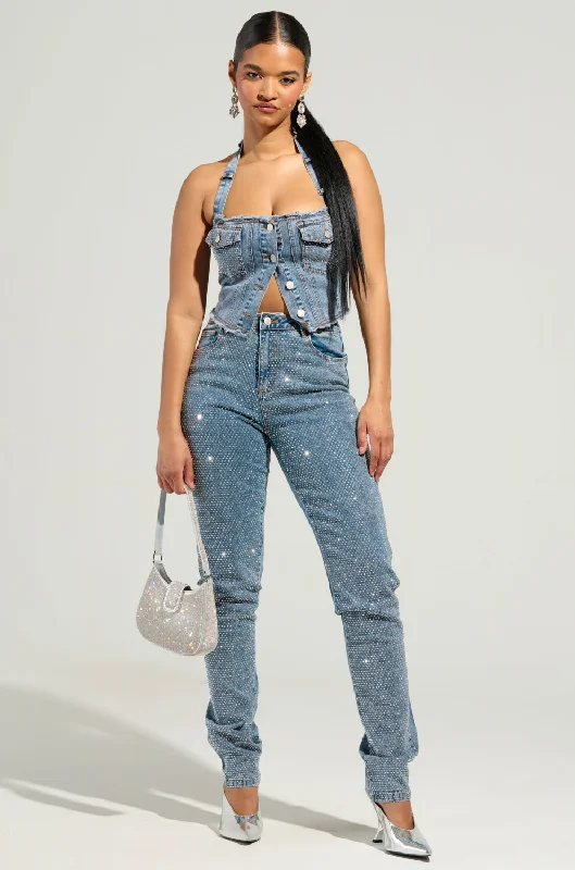 JOLIE RHINESTONE EMBELLISHED TAPERED JEAN Cozy Tencel Blend Denim Jeans