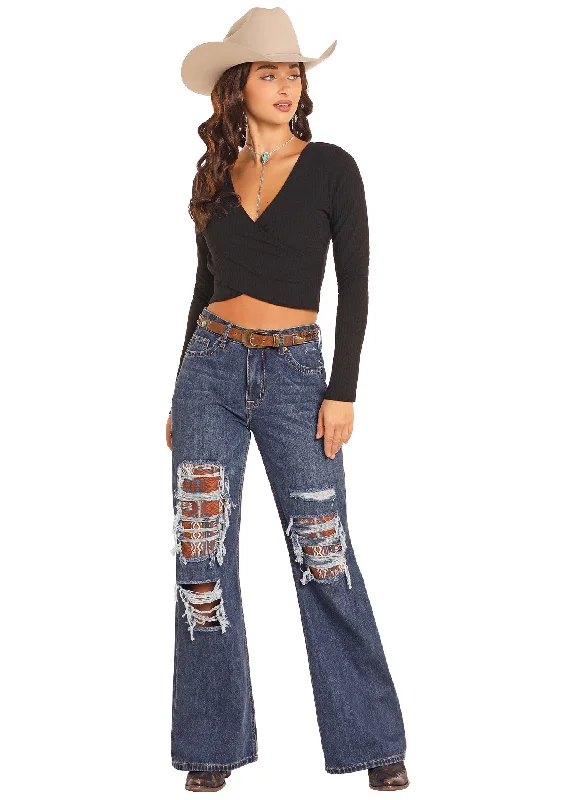 High-Rise Patched Distressed Wide Leg Flare Jean Stylish Plus Size Denim Jeans