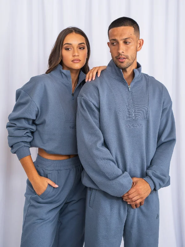 Unisex Half Zip Jumper - Denim Blue Open Front Closed Front Wrap Front