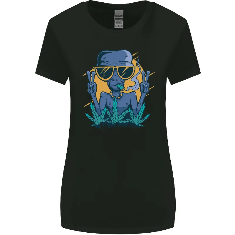 An Alien Smoking Weed Funny Drug Culture Womens Wider Cut T-Shirt Hooded Caped Shawl Collar