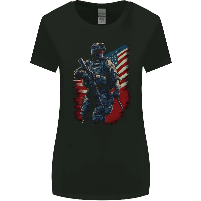 An American Soldier With USA Flag Army Marine Womens Wider Cut T-Shirt V-Neck T-Shirt Long Sleeve Cotton An American Soldier With USA Flag Army Marine Womens Wider Cut T-Shirt V-Neck T-Shirt Long Sleeve Cotton