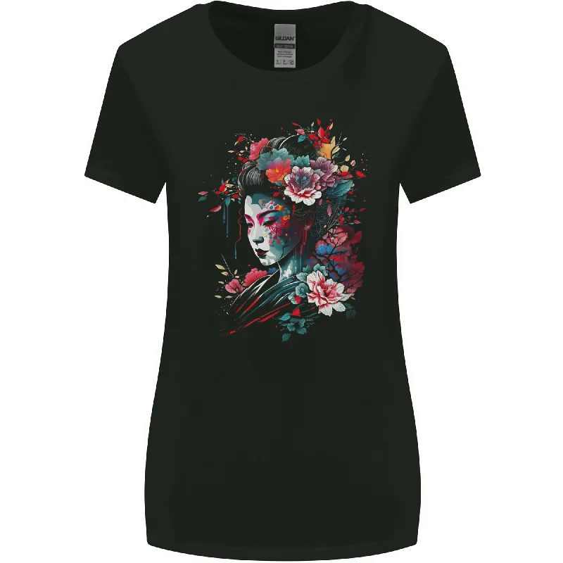 An Artistic Geisha Lady With Flowers Womens Wider Cut T-Shirt Modern Contemporary Chic An Artistic Geisha Lady With Flowers Womens Wider Cut T-Shirt Modern Contemporary Chic