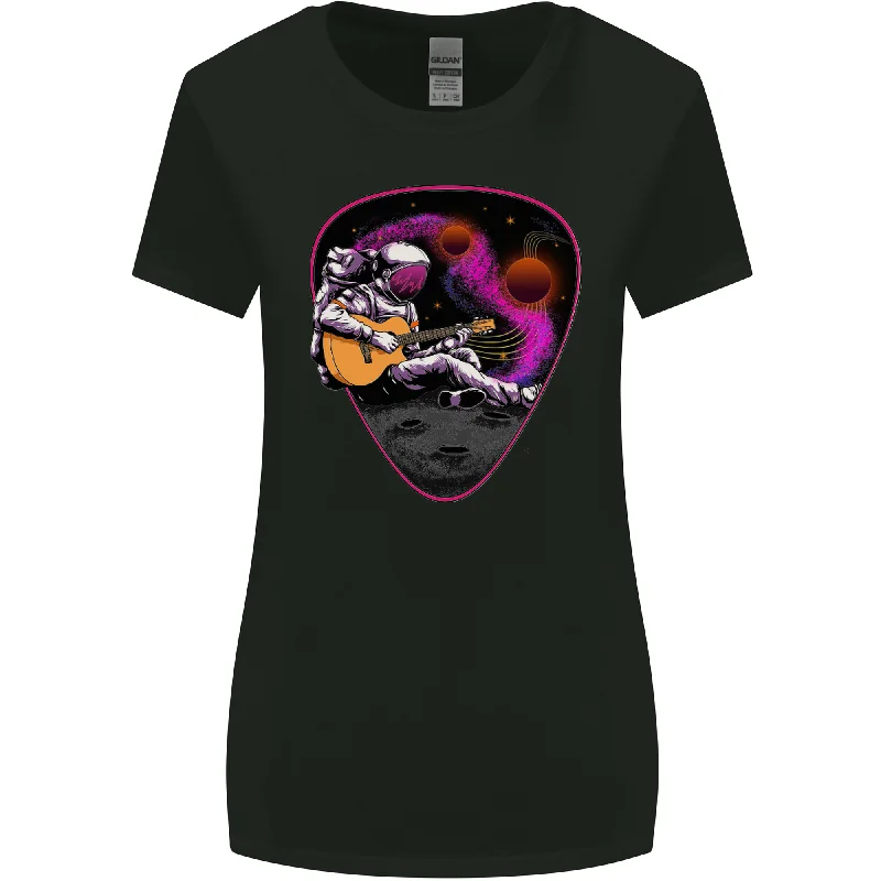 An Astronaut Playing Guitar Space Rock Womens Wider Cut T-Shirt Notch Collar Peter Pan Collar Cowl Neck
