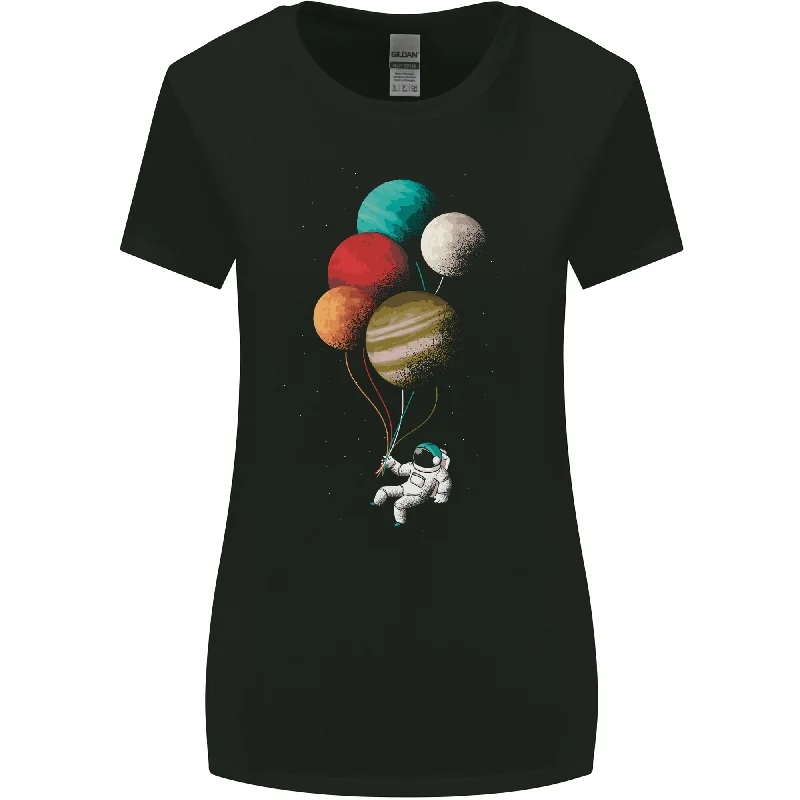 An Astronaut With Planets as Balloons Space Womens Wider Cut T-Shirt Hooded Caped Shawl Collar An Astronaut With Planets as Balloons Space Womens Wider Cut T-Shirt Hooded Caped Shawl Collar