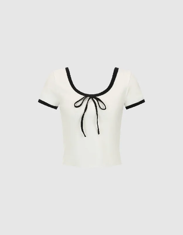 Bow Decor U Neck T-Shirt Nylon Fabric Polyester Fabric Spandex Fabric