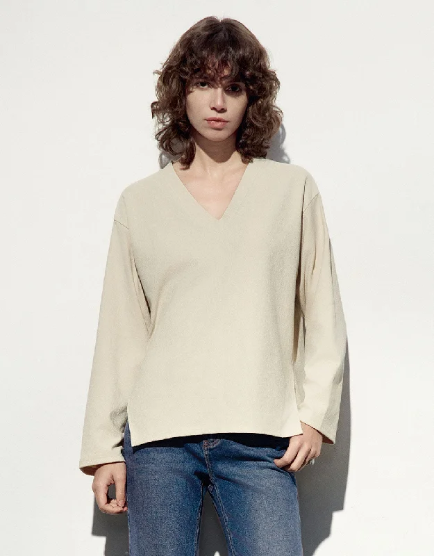 Drop Shoulder Sleeve V-Neck Knitted T-Shirt Iron Safe Non-Iron Wrinkle Free