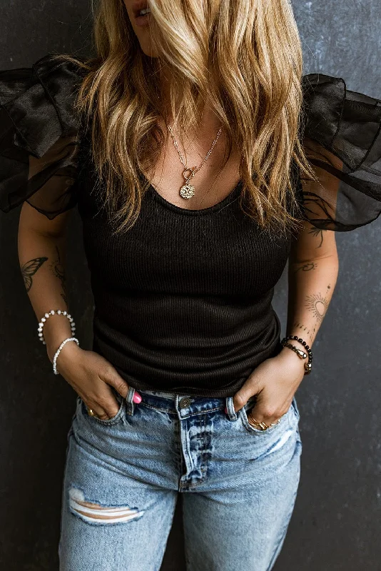 Elegant Black T-Shirt with Ruffled Sleeves Solid Print Embellished