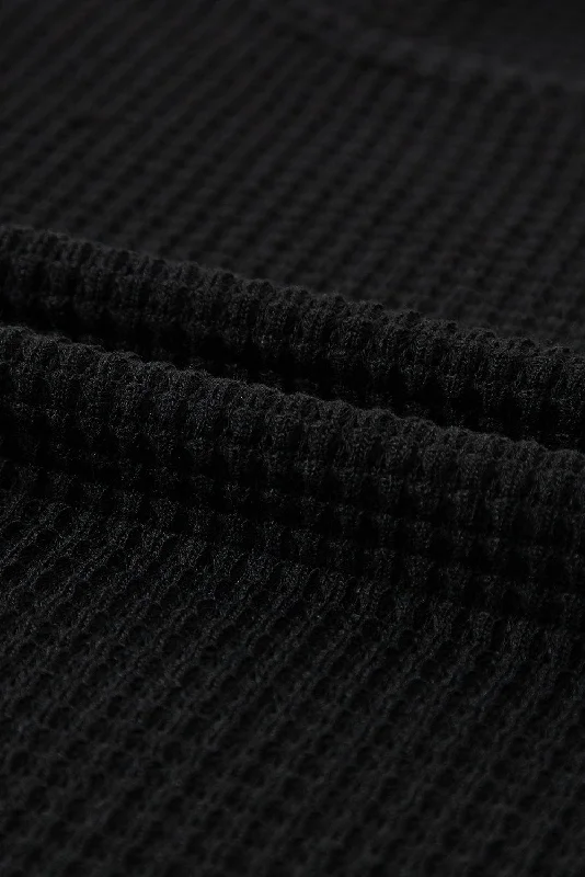 Fitted Black T-Shirt with Puff Sleeves Welt Pockets Slit Pockets