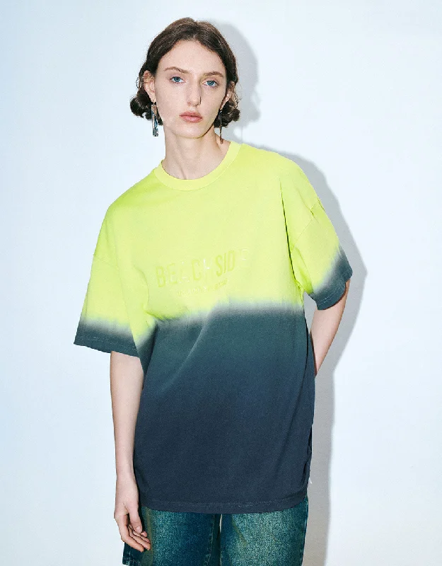 Gradient Crew Neck Loose T-Shirt Notch Collar Peter Pan Collar Cowl Neck
