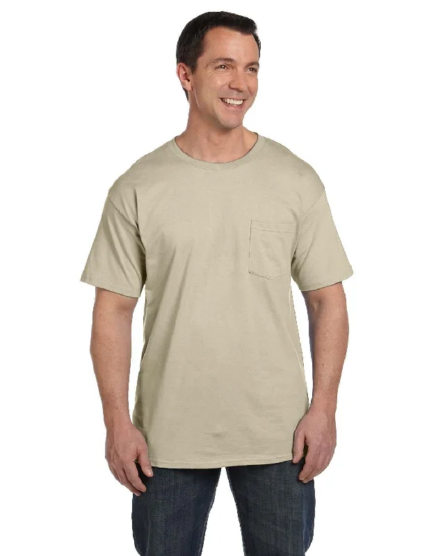 Hanes Beefy-T Pocket T-Shirt | Sand Graphic Embroidered Appliqued