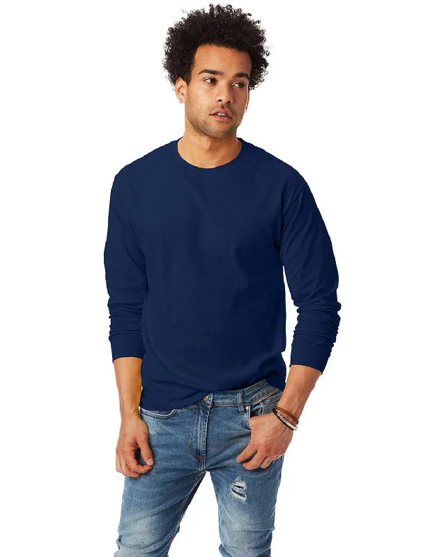 Hanes Tagless ComfortSoft Long Sleeve T-Shirt | Navy Hooded Caped Shawl Collar