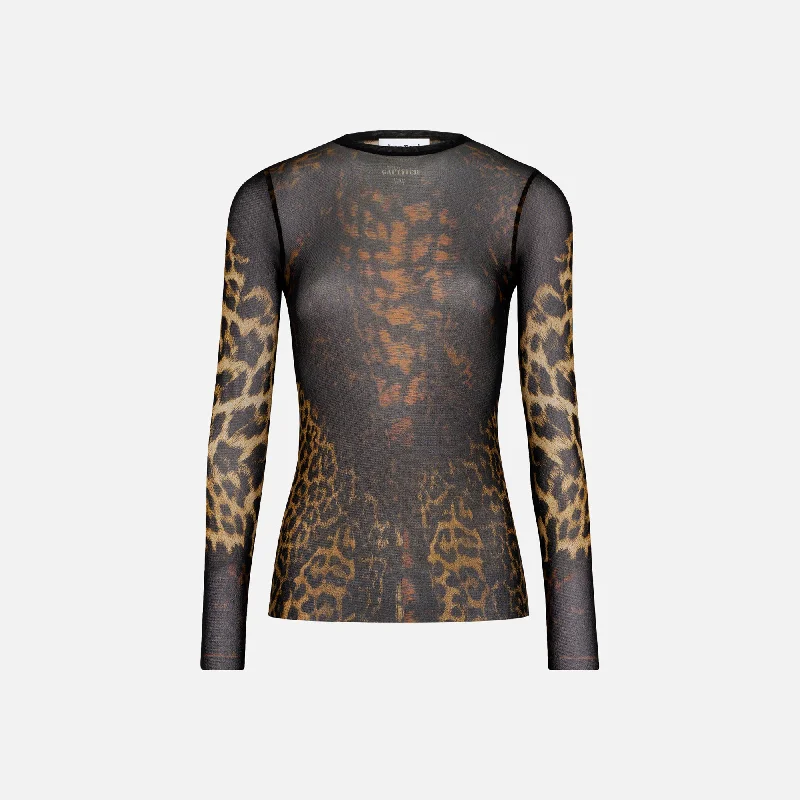 Jean Paul Gaultier Mesh Long Sleeve Printed Top With Lace - Leopard Comfortable Flare Leg Jeans Jean Paul Gaultier Mesh Long Sleeve Printed Top With Lace - Leopard Comfortable Flare Leg Jeans
