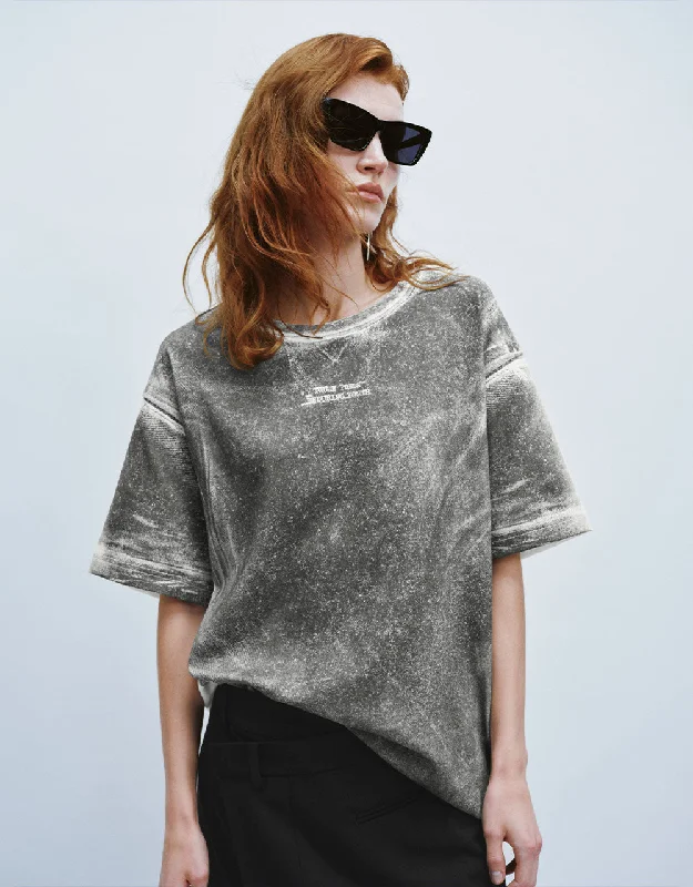 Printed Crew Neck Loose T-Shirt Mesh Canvas Denim