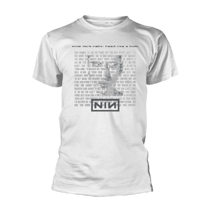 Nine Inch Nails Unisex T-shirt: Head Like A Hole (White) Spandex Blend Rayon Blend Denim Blend Nine Inch Nails Unisex T-shirt: Head Like A Hole (White) Spandex Blend Rayon Blend Denim Blend