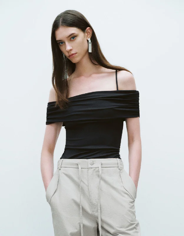 Ruched Off-Shoulder Knitted T-Shirt Oversized T-Shirt Spandex breathable