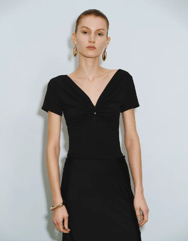 Ruched V-Neck Skinny T-Shirt Mesh Blend Leather Blend Suede Blend