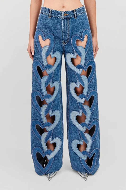 Area Heart Cutout Wide Leg Jean Trendy Patchwork Denim Jeans