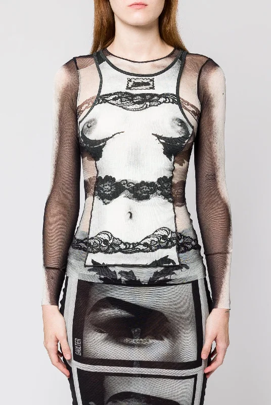 Jean Paul Gaultier Body Lace Mariniere Mesh Top Comfortable Faded High-Rise Jeans
