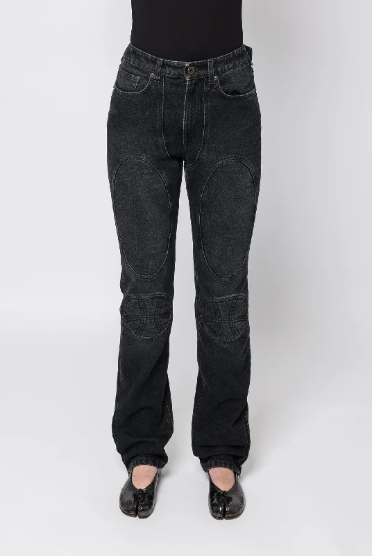 Jean Paul Gaultier Denim Jean with Lacing and Knee Bonding Detail Elegant Dark-Wash Bootcut Jeans Jean Paul Gaultier Denim Jean with Lacing and Knee Bonding Detail Elegant Dark-Wash Bootcut Jeans