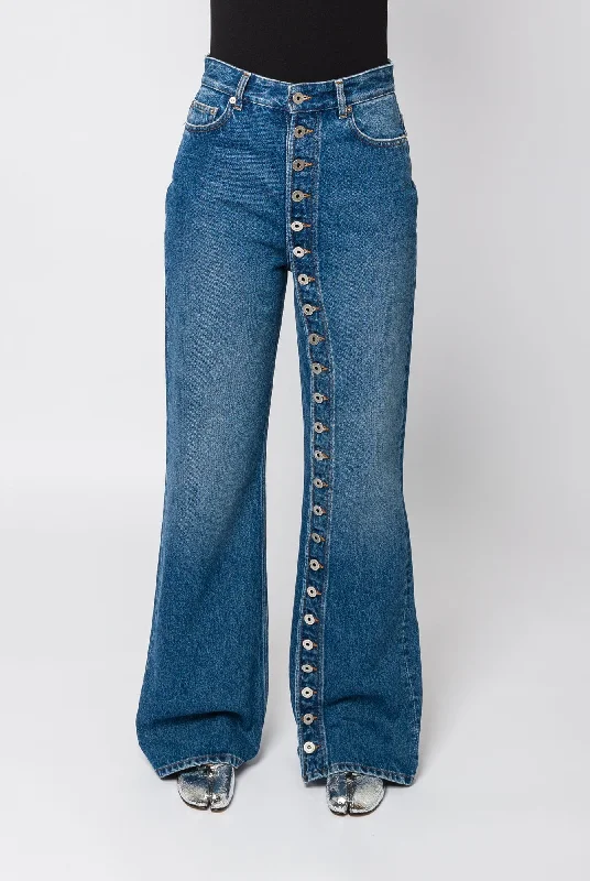 Jean Paul Gaultier Denim Jean with One Leg Buttons Detail Stylish Paperbag Waist Denim Jean Paul Gaultier Denim Jean with One Leg Buttons Detail Stylish Paperbag Waist Denim