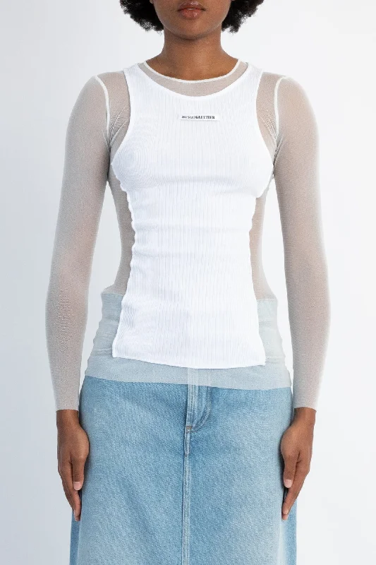 Jean Paul Gaultier Mesh Top with Petit Grand Rib Fashionable Raw Hemmed Jeans