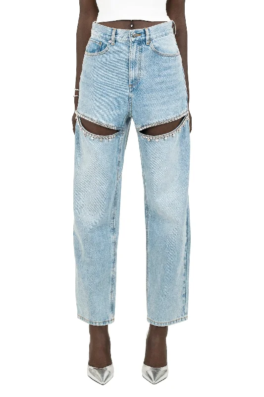 Area Crystal Slit Jean Casual Distressed Denim Jeans