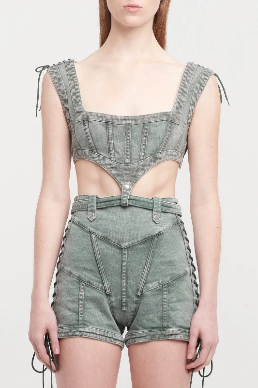 Jean Paul Gaultier X KNWLS Washed Laced Cropped Top Sleeveless and Band Details Fashionable Jeggings Style Jeans Jean Paul Gaultier X KNWLS Washed Laced Cropped Top Sleeveless and Band Details Fashionable Jeggings Style Jeans