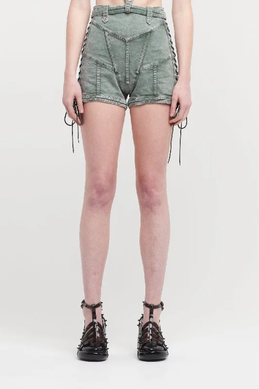 Jean Paul Gaultier X KNWLS Washed Laced Mini Short High Waist and Band Details Stylish Slim Fit Denim Jean Paul Gaultier X KNWLS Washed Laced Mini Short High Waist and Band Details Stylish Slim Fit Denim