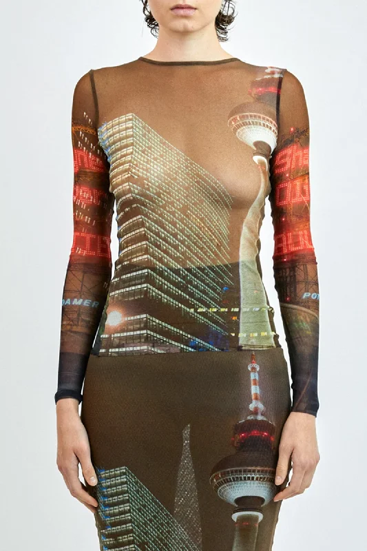 Jean Paul Gaultier x Shayne Oliver Mesh Long Sleeves Top Printed City Fashionable White Denim Jeans Jean Paul Gaultier x Shayne Oliver Mesh Long Sleeves Top Printed City Fashionable White Denim Jeans