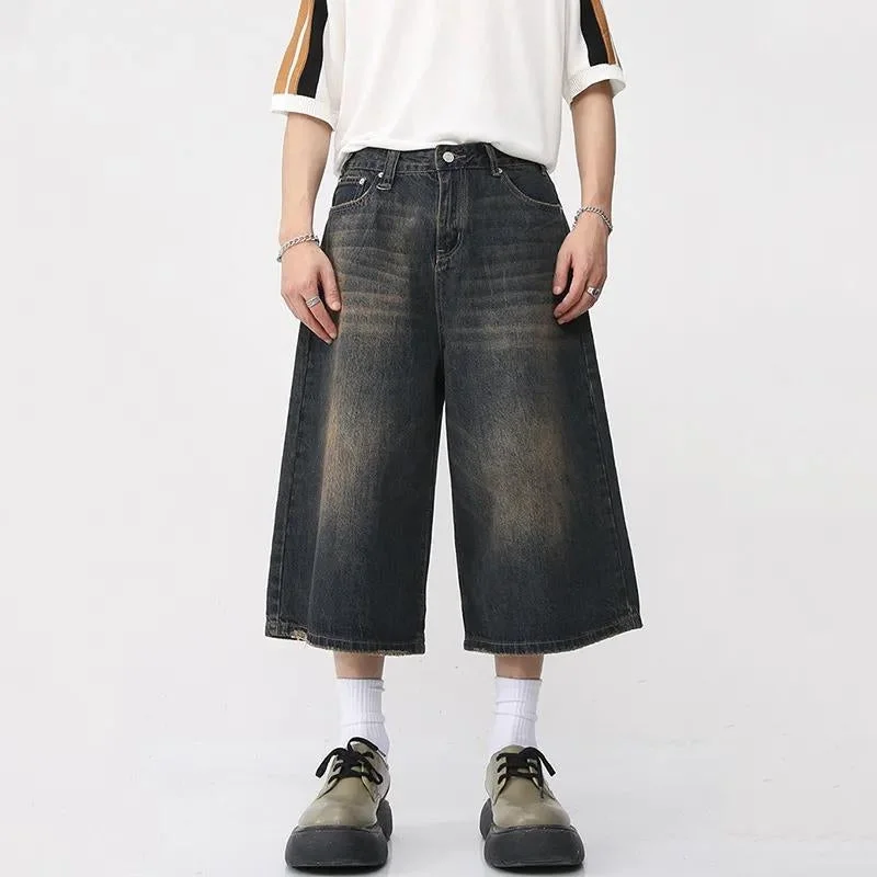 Dark Washed Jean Capri Shorts Fashionable Button-Front Jeans