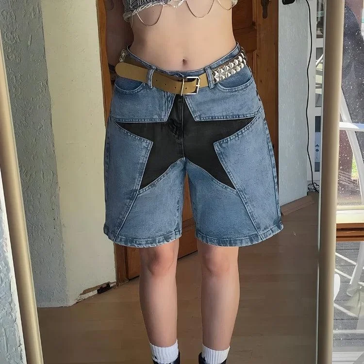 Y2K Star Jean Shorts Trendy Wide-Leg High-Waist Denim