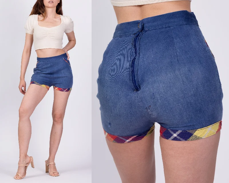 50s 60s Plaid Trim Jean Pinup Shorts - Extra Small, 25" Fashionable White Denim Jeans 50s 60s Plaid Trim Jean Pinup Shorts - Extra Small, 25" Fashionable White Denim Jeans
