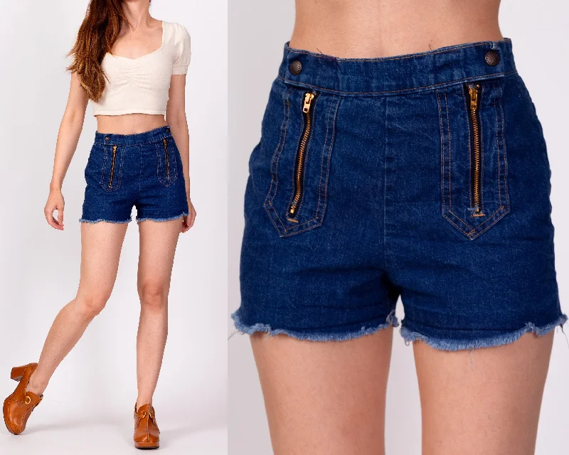 70s Zippered Dark Wash Jean Shorts - Petite Extra Small, 24" Trendy Pleated Waist Jeans 70s Zippered Dark Wash Jean Shorts - Petite Extra Small, 24" Trendy Pleated Waist Jeans