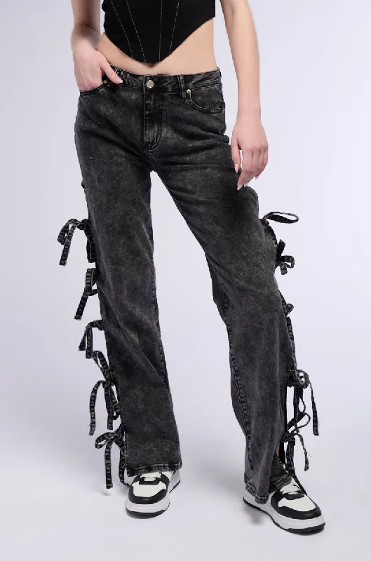 ACID WASH TIE UP SIDES STRAIGHT LEG JEAN Cozy Relaxed Fit Denim Jeans